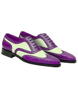Two Tone White Purple Cont Oxford Brogue Toe Wing Tip Black Sole Leather... - $205.14 CAD+