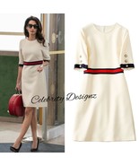 Celeb Amal Clooney Cinched Waist Quarter Sleeve A-line Dress in Cream AU... - $164.03 CAD