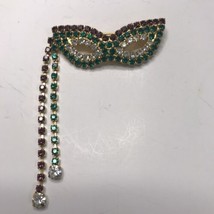 Mardi Gras Face Mask Masquerade Brooch Rhinestones Prong Set Articulated - £26.14 GBP