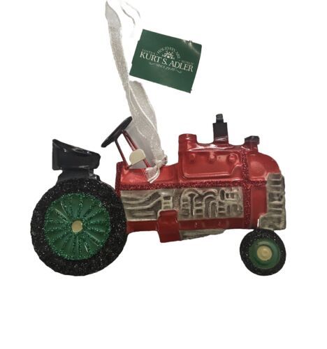 Kurt Adler Christmas Ornament Shiny Tin Two Sided Red Farm Tractor Hanging NWT - $9.45