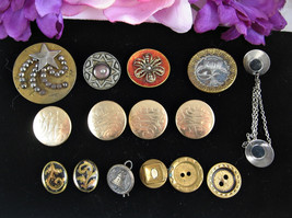 Lot 15 Vintage Metal Decorative Buttons Brass Star Scottish Thistle 4 Set Mono - £18.23 GBP