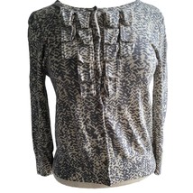 J CREW 20306 Strada Ruffle Cardigan Sweater sz M Gray Ivory Geo Knit 100% Wool - £10.27 GBP