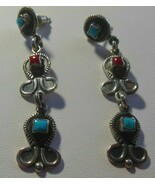Vintage Stamped HOB Mexico 925 Dangle Pierced Earrings Turquoise &amp; Coral - $206.03 CAD