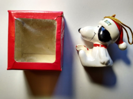 Snoopy Dog Christmas Ornament Peanuts 1977 Porcelain Figure Candy Cane w... - $12.14