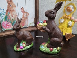 2pc Faux Chocolate Easter Bunny Rabbit Egg Statue Figurine Tabletop Decor 7.5&quot; - £39.95 GBP