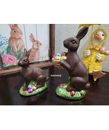 2pc FAUX CHOCOLATE EASTER BUNNY RABBIT EGG STATUE FIGURINE TABLETOP DECO... - £39.95 GBP