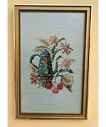 Vintage Framed Needlepoint Teapot Cherries Flowers Fruit Still life 17 x... - £27.26 GBP