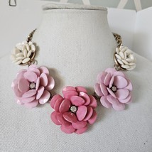J.Crew Statement Necklace Pink 3D Flowers with Crystal Centers Chain 20&quot; - £25.22 GBP