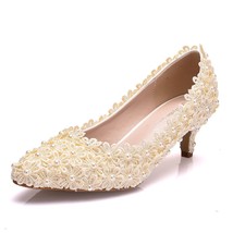 Crystal Queen White Lace Wedding Shoes 5CM Thick kitten Heel Shoes White Lace Pu - £45.10 GBP