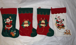 4 Vtg Christmas Stockings Satin 3D Santa  Bell Lot - £31.30 GBP