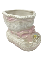 Vintage Ceramic Baby Bootie Planter White with Pink Ribbon - $26.04 CAD
