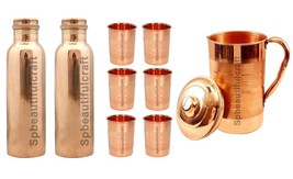 Copper Water Jug Pitchers 1500ML 2 Copper Water Bottle 6 Drinking Tumbler Glass - £62.08 GBP