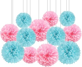 12pc Pink Blue Tissue Paper Pom poms Hanging Paper Pom Poms Paper Flowers Ball f - £24.96 GBP