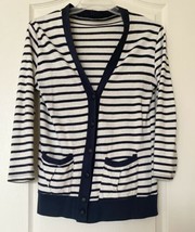 Womens Long Sleeve Size L Ivory Navy Blue Striped Cardigan Sweater - £14.23 GBP