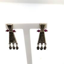 Vintage Signed Sterling Art Deco Floral Niello Amethyst Hinged Dangle Earrings - £38.73 GBP