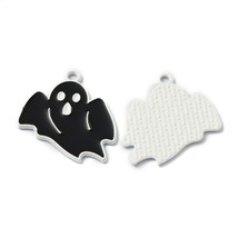 2 Black Enamel Ghost Charms Halloween Findings Jewelry Supplies White Edging - £2.46 GBP