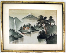 Antique Japanese Framed Silk Embroidered Mount Fuji Landscape Picture  - $79.99