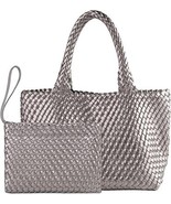 Vegan Leather Woven Tote Bag, Silver, with Zippered Pouch, Medium - $1,281.03 MXN