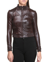 Women Brown Biker Real Jacket Leather Rib Collar Stretchable Waist and S... - $137.19