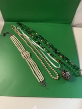 Faux Pearl Choker Necklace 4 Strand VTG Green Beads, Ivory Napier Pearls Locket - $23.38