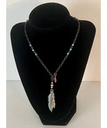 Bronze Tone Cooper Faux Turquoise Feather Pendant Necklace Handmade NEW - $24.75