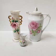 Pink Rose Floral Vase Teapot Ceramic Gold Trim Vintage Cottage Decor Lot of 3 - £12.09 GBP