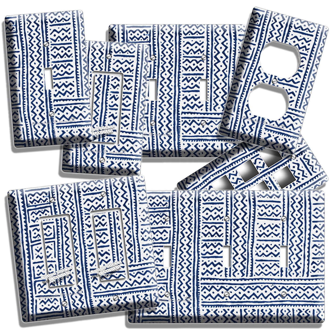 AFRICAN TRIBAL BLUE STRIPES MUDCLOTH LOOK LIGHT SWITCH OUTLET WALL PLATES DECOR