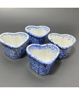 4 Blue Spongeware Heart Shaped Individual Custard Oven Safe Baking Dishe... - $19.99