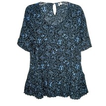 Cato Womens Size L Pullover Top Blouse Short Sleeve Pleated Bottom Keyhole Blue - $13.97