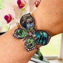 Butterfly Abalone Crystal Cuff Bangle Bracelet Silver Tone Gift Idea - £18.79 GBP