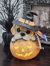 Halloween Pug Witch Dog LIGHT UP Pumpkin Resin Statue Prop Decor 9&quot; - £35.96 GBP