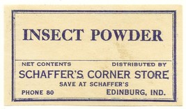 Antique Pharmacy Label INSECT POWDER Schaffer&#39;s Corner Store Edinburg In... - $28.11