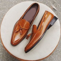 New Men Brown Round Toe Tussles Leather Dress Loafers Shoes - £111.00 GBP