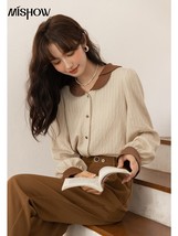 En s shirts 2022 french vintage patchwork polo neck long sleeve single breasted blouses thumb200