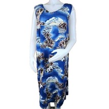 Hilo Hattie Hawaiian Dress Womens 1X Blue Ukulele Volcano Sleeveless Rayon - £19.35 GBP