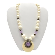 Carol Dauplaise 1970s Purple Stone Ivory Acrylic Bead Beaded Pendant Necklace - £37.88 GBP