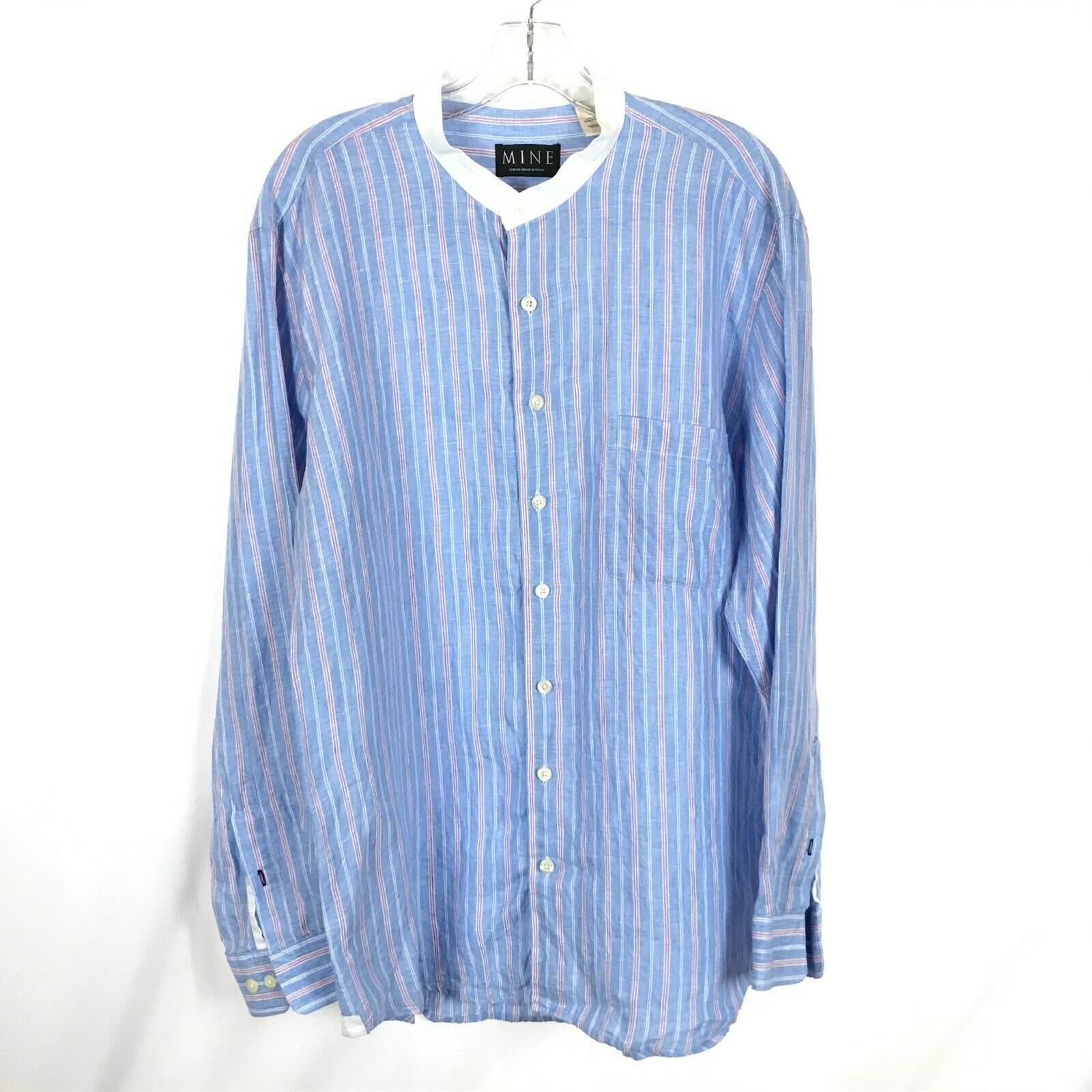 Primary image for Mens Size Large MINE Blue Pure Linen Striped Stand Collar Shirt