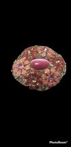 Domed Flower Pin Brooch Coral Brown and Pink Enamel with Rhinestones - $13.95