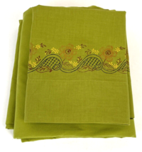 Twin Flat Sheet &amp; Pillowcases 1970&#39;s Avocado Green Stenciled Floral Vintage  - £18.09 GBP