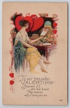 Valentines Day Art Deco Lady At Desk Reading Cards Large Hearts Postcard X24 - £5.45 GBP