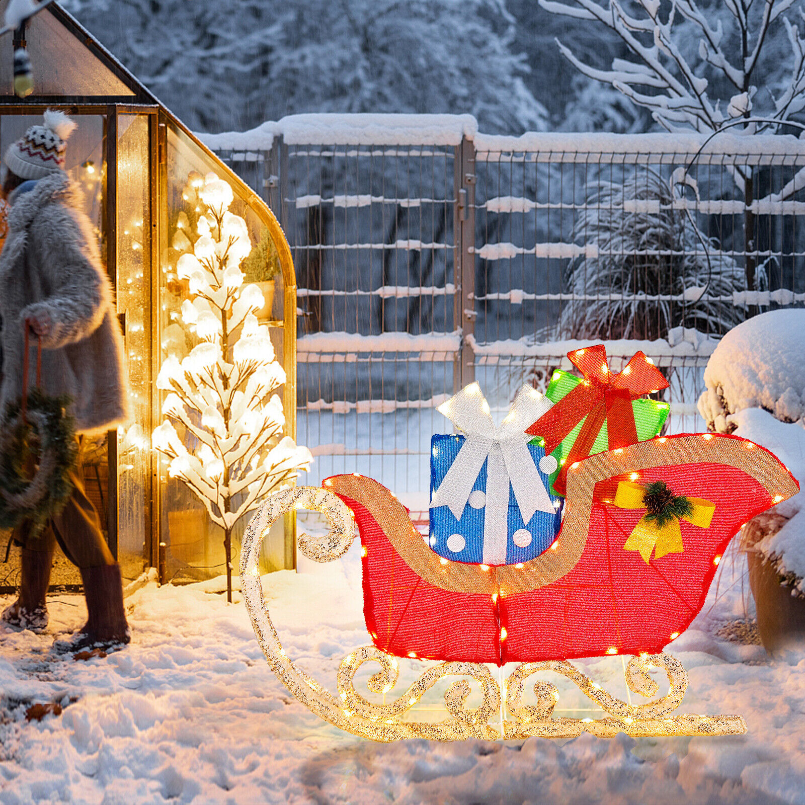 4 FT Pre-lit Christmas Sleigh Festive Holiday 2D Outdoor Decoration w/94 Lights