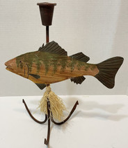 Vintage Fish Hook Candle Holder Metal Raffia Rustic Cabin Decor 14&quot; Tall - $28.44