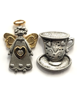 Angel Gold Wings Heart Teacup Saucer Lot of 2 Pewter Tone Pins Whimsical - $237.43 MXN