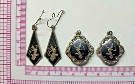Vintage Siam Black Enamel Sterling Silver Clip Earrings and 2 Charms A1/16 - £31.31 GBP