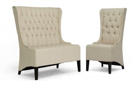 Banquette Dining Bench Booth And Chair Set Victorian Beige Linen Button Tufted - £638.66 GBP