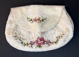 Vintage Beaded &amp; Floral Embroidered Clutch Wristlet Handbag Button Loop Closure - £24.05 GBP
