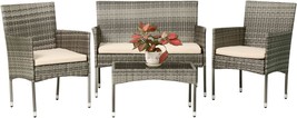 Grey Wicker/Khaki Cushions, 4 Piece Patio Furniture Set, Fdw Patio Conversation - £165.24 GBP