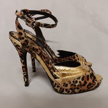 Bettie Page High Heels 9 Leopard 5.5&quot; Stiletto Heel Ankle Strap Peep Toe - £23.25 GBP