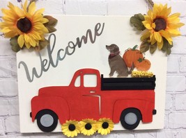 Vintage Red Truck Pumpkins Sunflowers Rustic Welcome Sign Dog Handmade 1... - £14.55 GBP