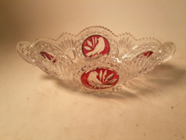 Vintage Hufbauer Byrdes Leaded Crystal 13&quot; Bowl, Ruby Red Accents, 1960&#39;s - £34.78 GBP